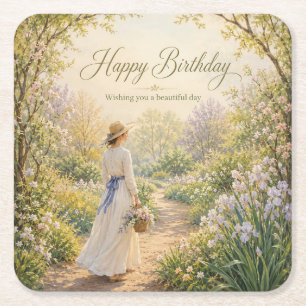 Romantic Garden Path Birthday Square Paper Coaster