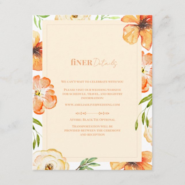 Romantic Garden Peach Floral Wedding Finer Details Enclosure Card (Front)