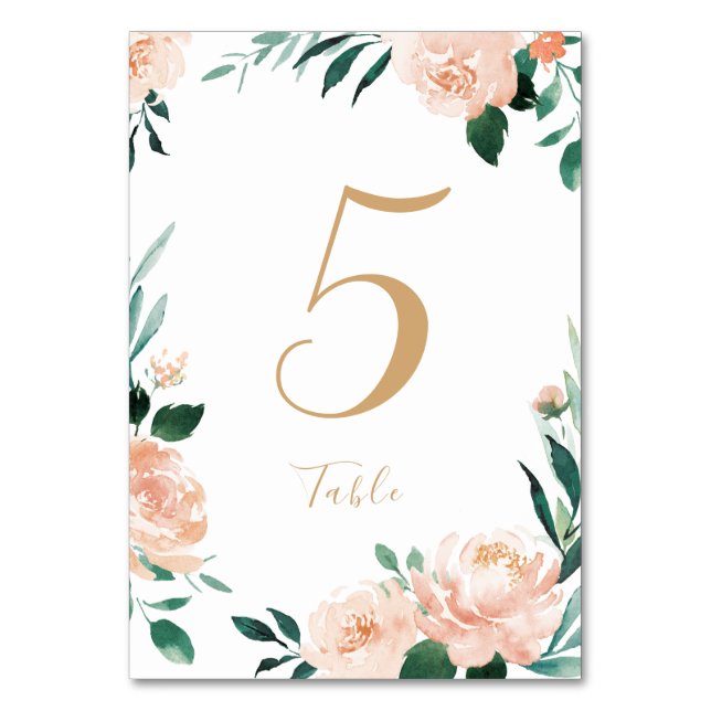 Romantic garden peach floral wedding table card (Front)