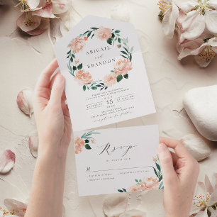 Romantic garden peach floral wreath wedding all in one invitation