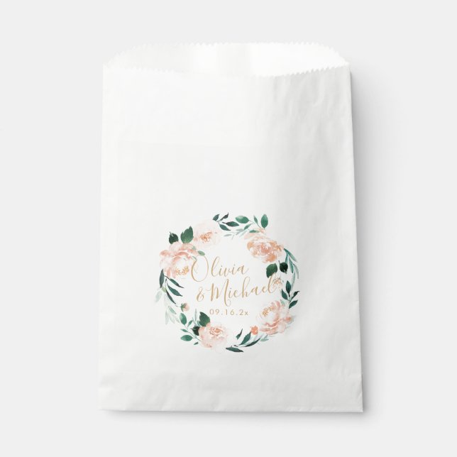 Romantic garden peach watercolor floral wedding favour bag (Front)