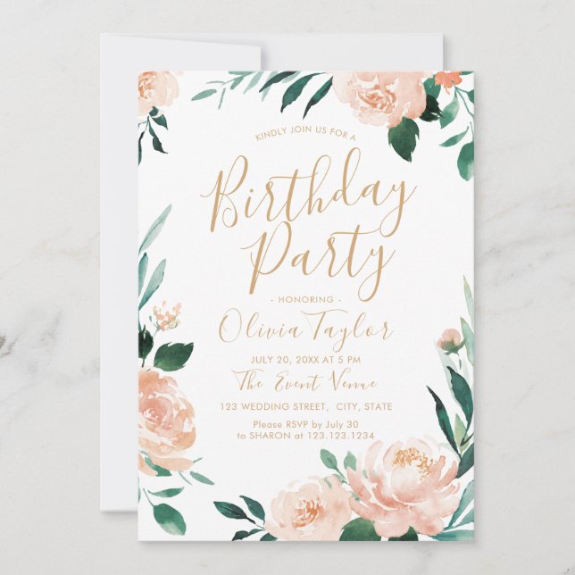 Romantic garden watercolor floral birthday Party Invitation (Front)