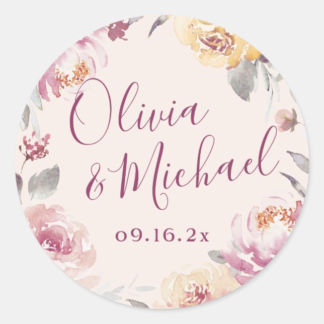 Romantic garden watercolor floral wedding classic round sticker (Front)