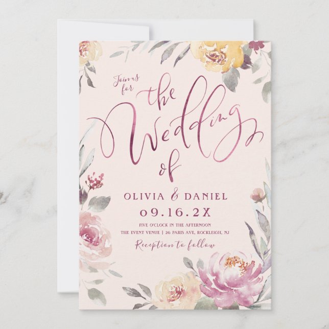Romantic garden watercolor floral wedding invitation (Front)