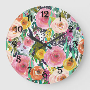 Romantic Garden Watercolor Flowers Large Clock