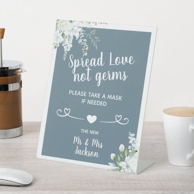 Romantic gentle flowers wedding covid safety mask pedestal sign (In SItu)