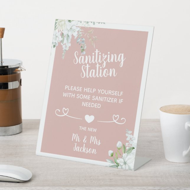 Romantic gentle flowers wedding covid sanitising p pedestal sign (In SItu)