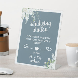 Romantic gentle flowers wedding covid sanitising p pedestal sign