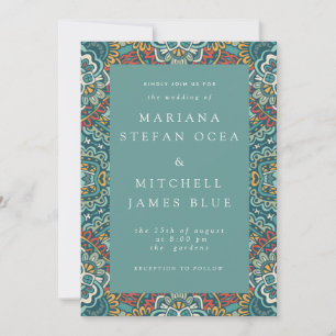 Romantic Geometric Mandala soft blue grey and red Invitation
