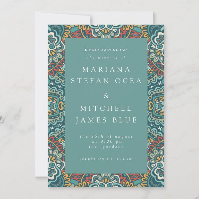 Romantic Geometric Mandala soft blue grey and red Invitation (Front)