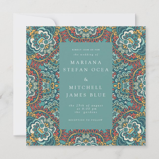 Romantic Geometric Mandala soft blue grey and red  Invitation (Front)