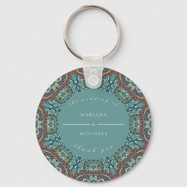 Romantic Geometric Mandala soft blue grey and red Key Ring (Front)