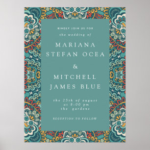 Romantic Geometric Mandala soft blue grey and red Poster