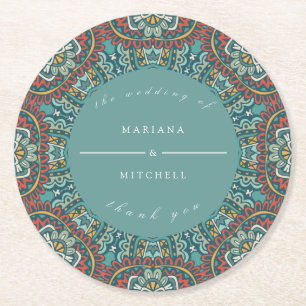 Romantic Geometric Mandala soft blue grey and red Round Paper Coaster