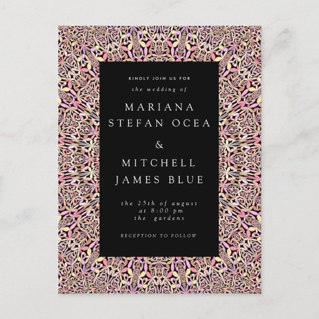 Romantic Geometric Mandala soft Pink Black Invitat Postcard (Front)