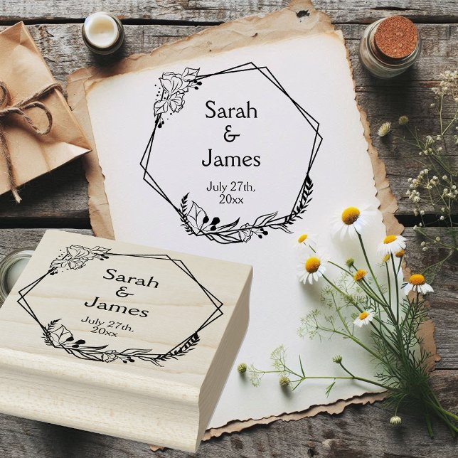 Romantic Geometric Names Wedding Date Rubber Stamp (Rustic geometric wedding rubber stamp.)