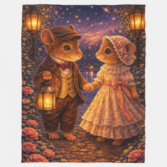 Romantic Gift Couple Night Walk Lantern Scene Fleece Blanket (Front)