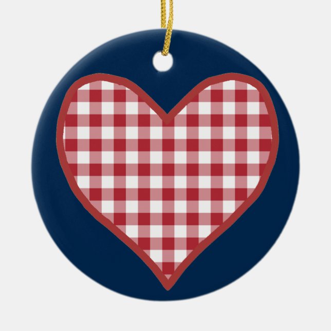 Romantic Gingham Hearts and Red Rose Ornament (Front)