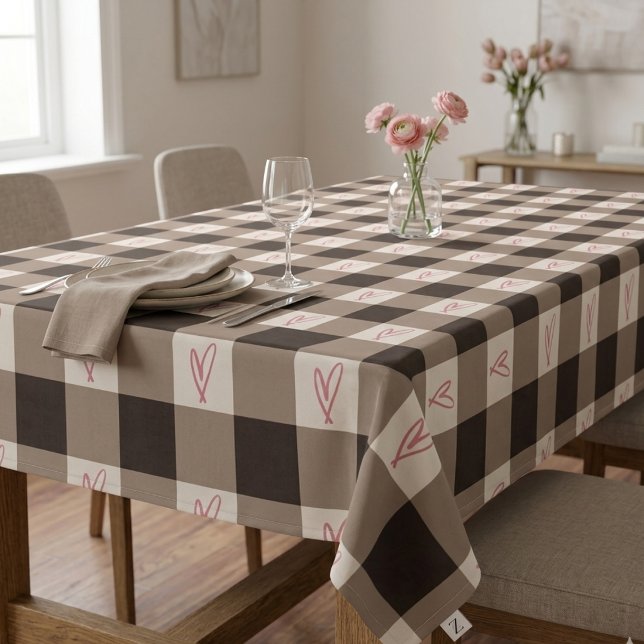 Romantic Gingham Plaid and Pink Heart Buffalo Tablecloth (Creator Uploaded)