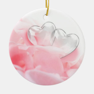 Romantic Glass Hearts Rose Petals Ceramic Ornament