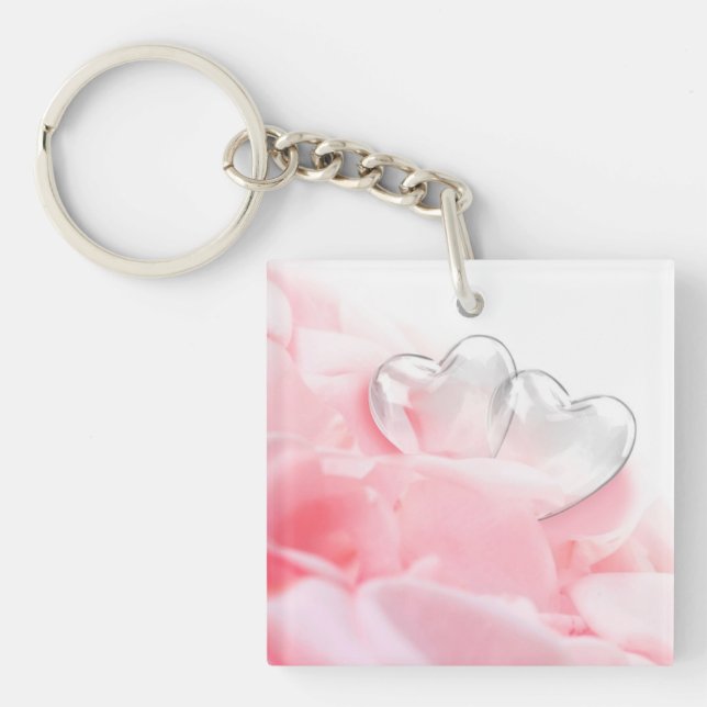 Romantic Glass Hearts Rose Petals Key Ring (Front)