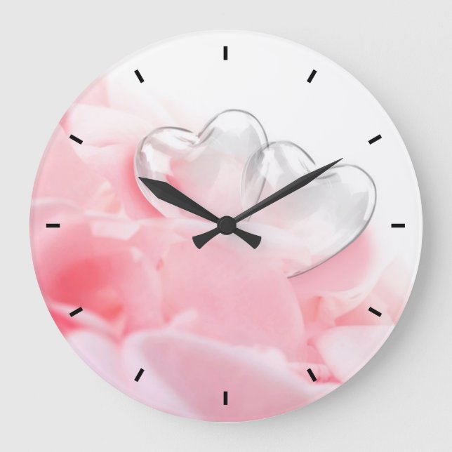 Romantic Glass Hearts Rose Petals Large Clock (Front)