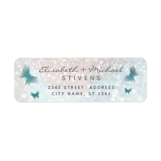 Romantic glittery butterfly script wedding label return address label (Front)