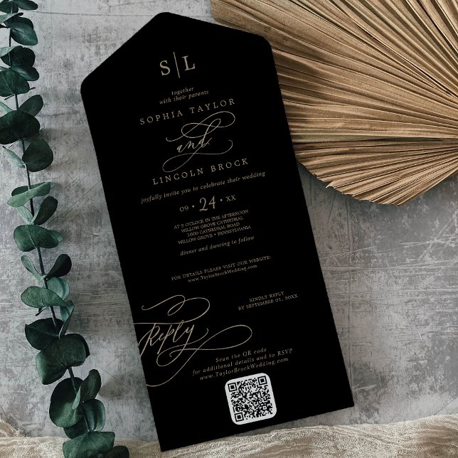 Romantic Gold and Black Monogram QR Code Wedding All In One Invitation (Creator Uploaded)