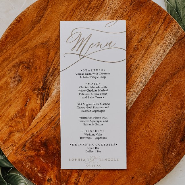 Romantic Gold and Black Styled Names Wedding Menu Invitation (Creator Uploaded)