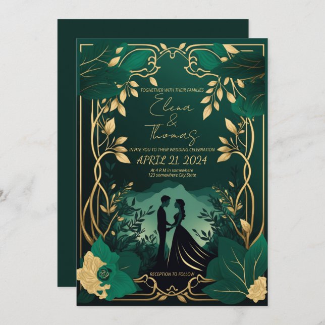 Romantic Gold and Emerald Green Invitation (Front/Back)