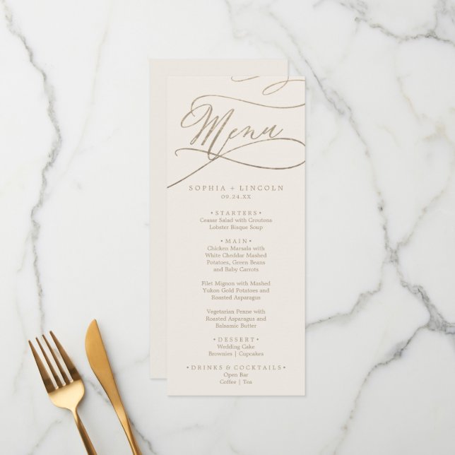 Romantic Gold and Ivory Wedding Dinner Menu (Front/Back In Situ)