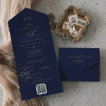 Romantic Gold and Navy Monogram QR Code Wedding All In One Invitation<br><div class="desc">This romantic gold and navy monogram QR code wedding all in one invitation is perfect for a simple wedding. The modern classic design features fancy swirls and whimsical flourishes with gorgeous elegant hand lettered faux champagne gold foil typography. Hand write your guest addresses on the back of the folded invitation,...</div>