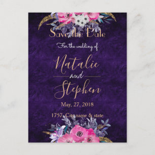 Romantic gold and purple floral wedding collection announcement postcard