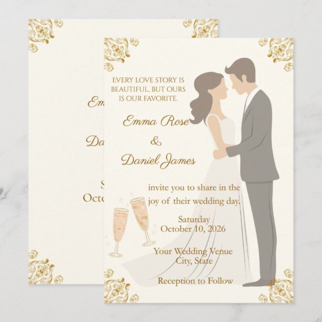 Romantic Gold Baroque Wedding Invitation (Front/Back)