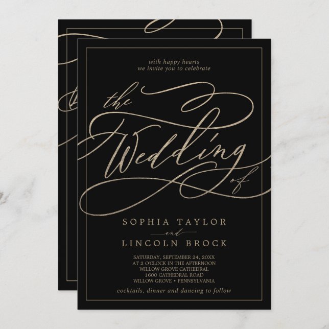 Romantic Gold Black Calligraphy All In One Wedding Invitation (Front/Back)