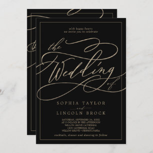 Romantic Gold Black Calligraphy All In One Wedding Invitation