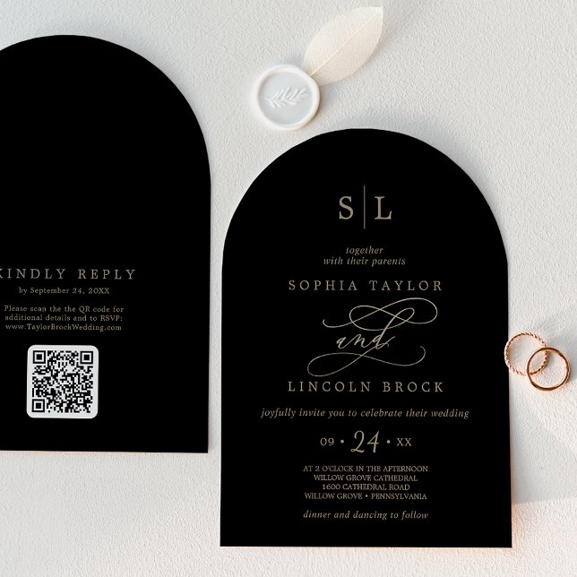 Romantic Gold Black Monogram QR Code Arch Wedding Invitation (Romantic Gold Black Monogram QR Code Arch Wedding Invitation)