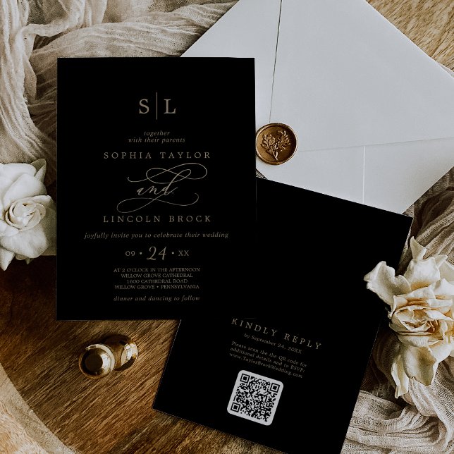 Romantic Gold Black Monogram QR Code Back Wedding Invitation (Creator Uploaded)