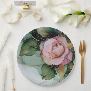 Romantic Gold Blush Pink Rose Floral Bridal shower Paper Plate