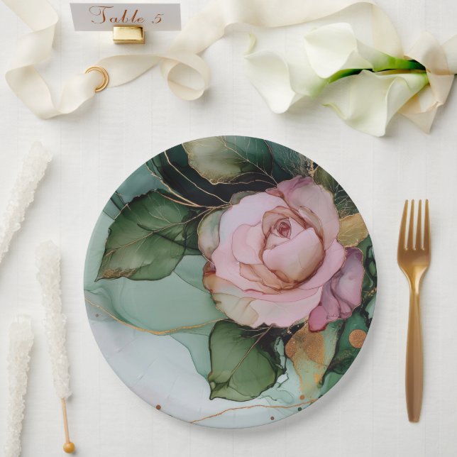 Romantic Gold Blush Pink Rose Floral Bridal shower Paper Plate (Wedding)