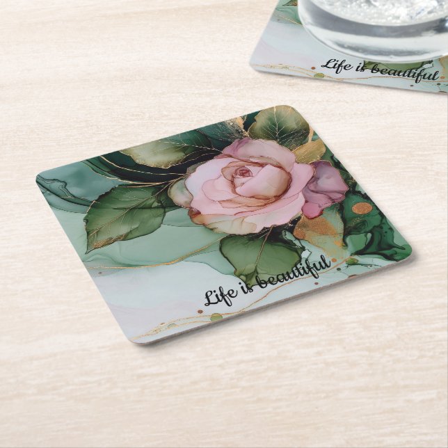 Romantic Gold Blush Pink Rose Floral Bridal shower Square Paper Coaster (Angled)