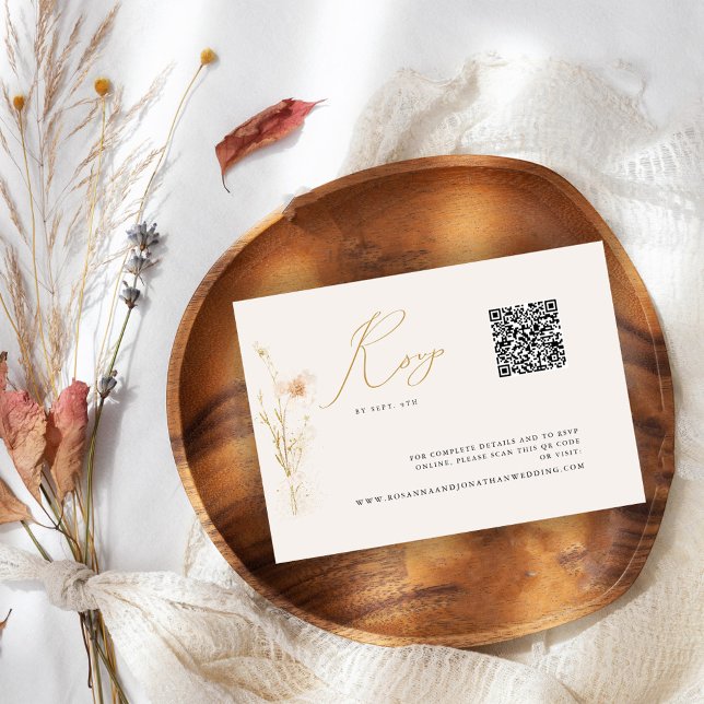 Romantic Gold Blush Pressed Flowers QR code RSVP Card (Creator Uploaded)