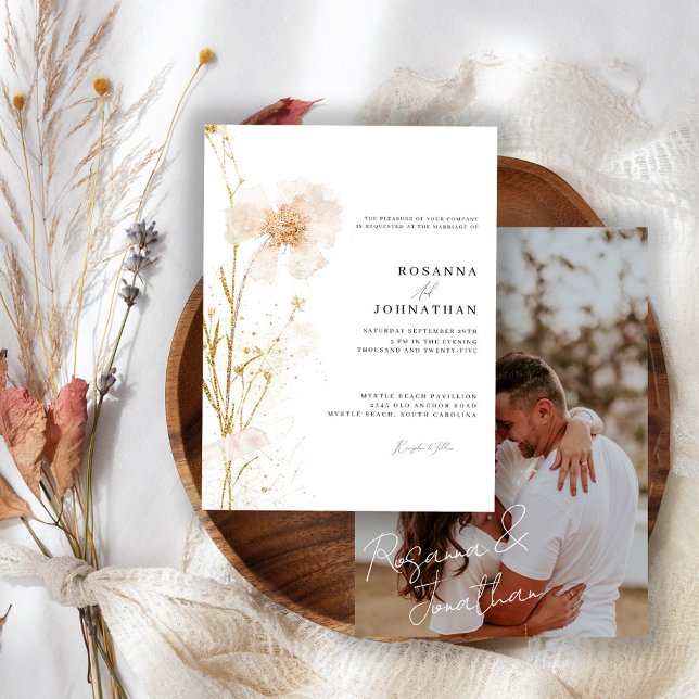 Romantic Gold & Blush Pressed Wildflowers Wedding  Invitation (Creator Uploaded)