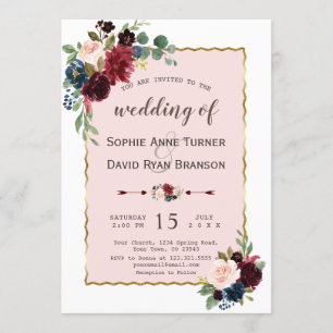 Romantic Gold Burgundy Navy Blue Floral Wedding Invitation