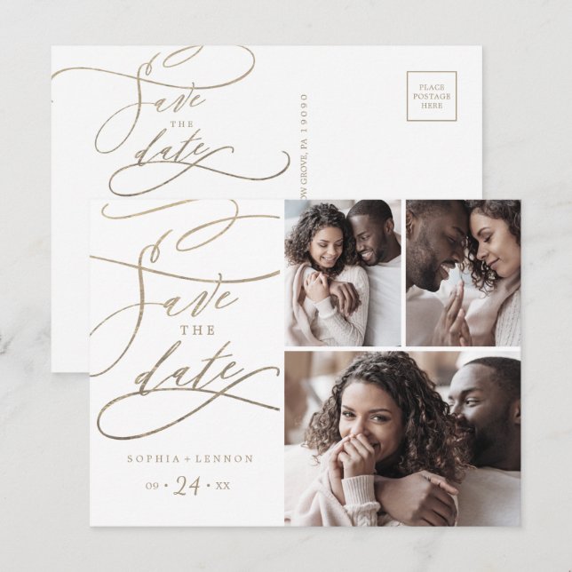 Romantic Gold Calligraphy 3 Photo Save the Date Invitation Postcard (Front/Back)