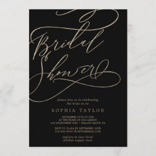 Romantic Gold Calligraphy   Black Bridal Shower Invitation