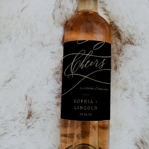 Romantic Gold Calligraphy Black Cheers Wedding Wine Label
