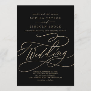 Romantic Gold Calligraphy   Black Flourish Wedding Invitation