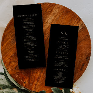 Romantic Gold Calligraphy   Black Monogram Wedding Program