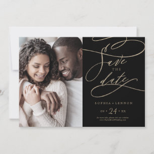 Romantic Gold Calligraphy   Black Photo Save The Date